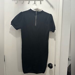 Black Puff Sleeve Mock Neck Mini Dress with White Collar